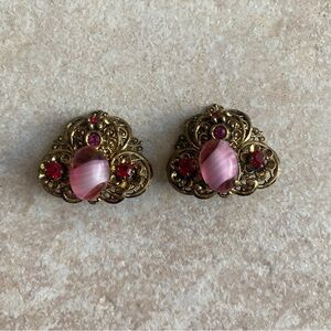 Vintage Gold Tone Filigree and Pink Clip-On Earrings